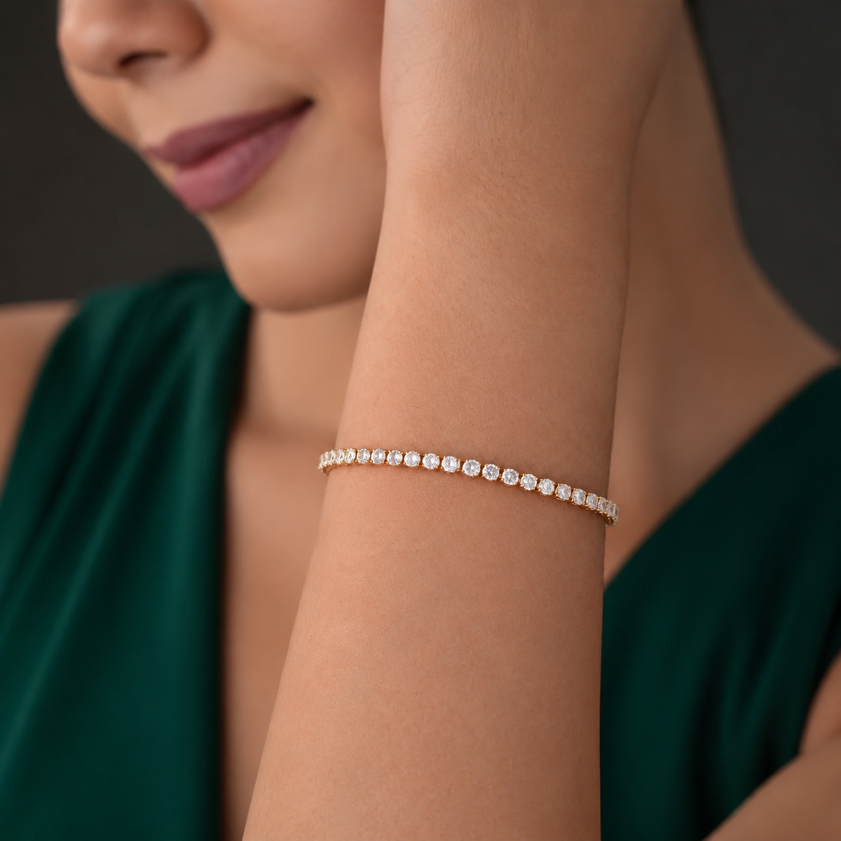 Round CZ Tennis Bracelet in emerald evening styling