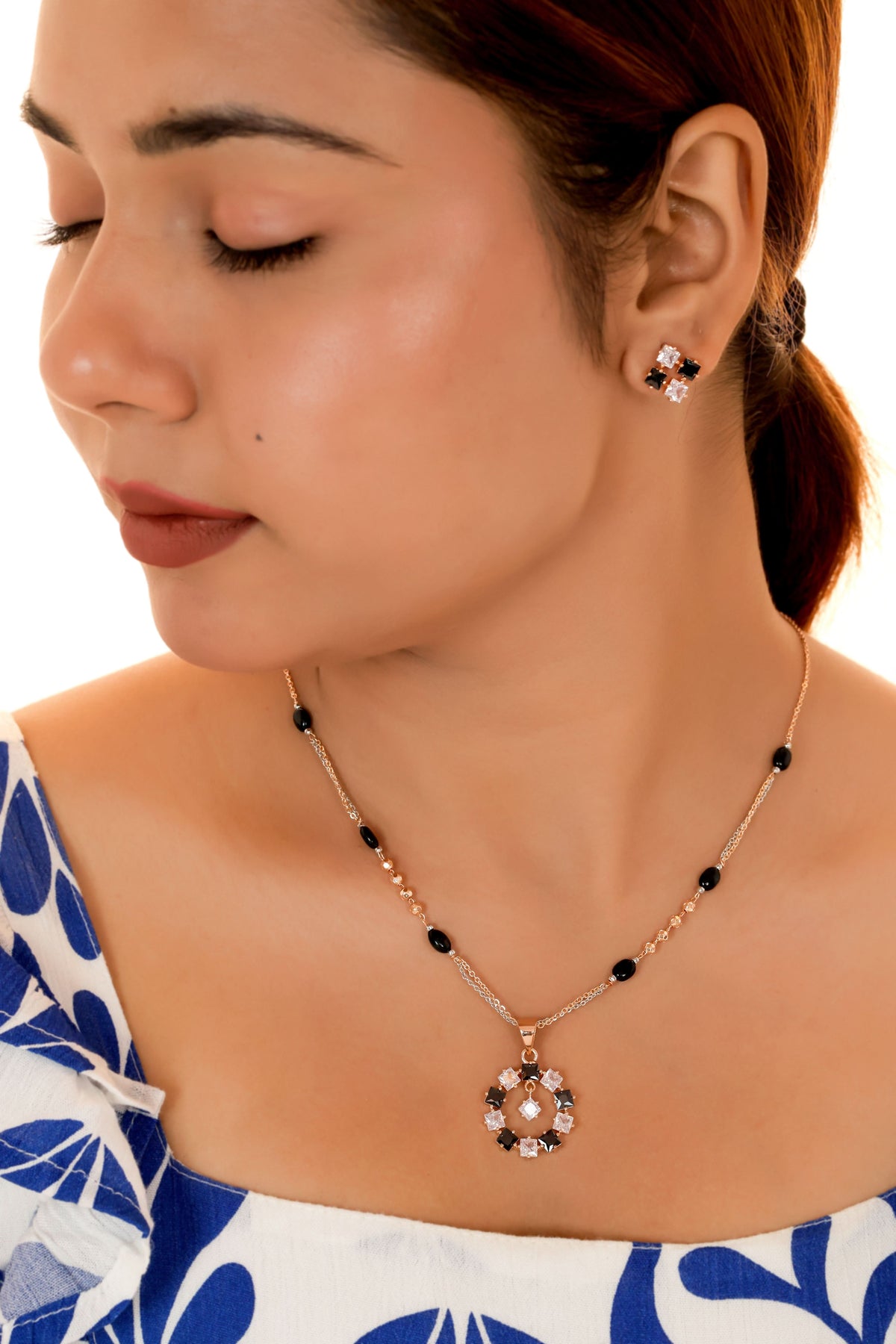 Black & White Crystal Floral Mangalsutra - Pendant Set - Belleza Jewels