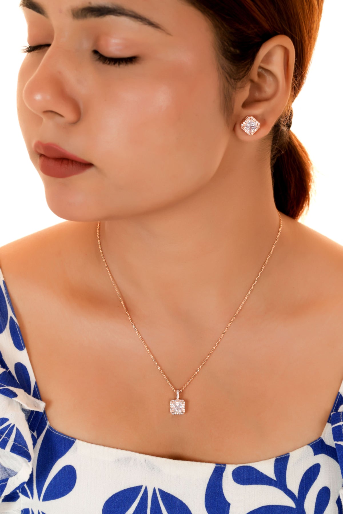 Square Solitaire Rose Gold Pendant Necklace - Pendant Set - Belleza Jewels