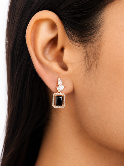 Model wearing rose gold black stone drop earrings - SKU 1051 (3:4)
