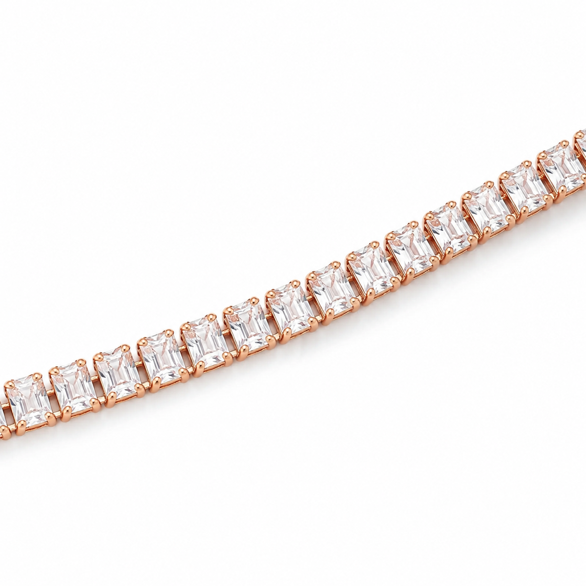 Rose gold baguette tennis bracelet detail on white