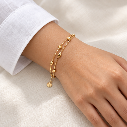 Double-layer faceted bead bracelet worn on wrist