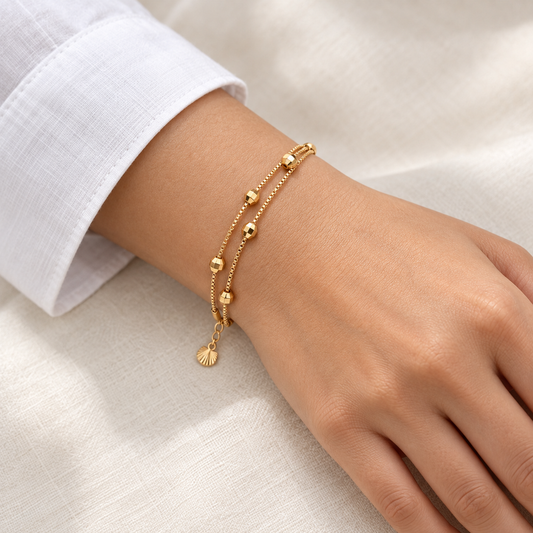 Double-layer faceted bead bracelet worn on wrist