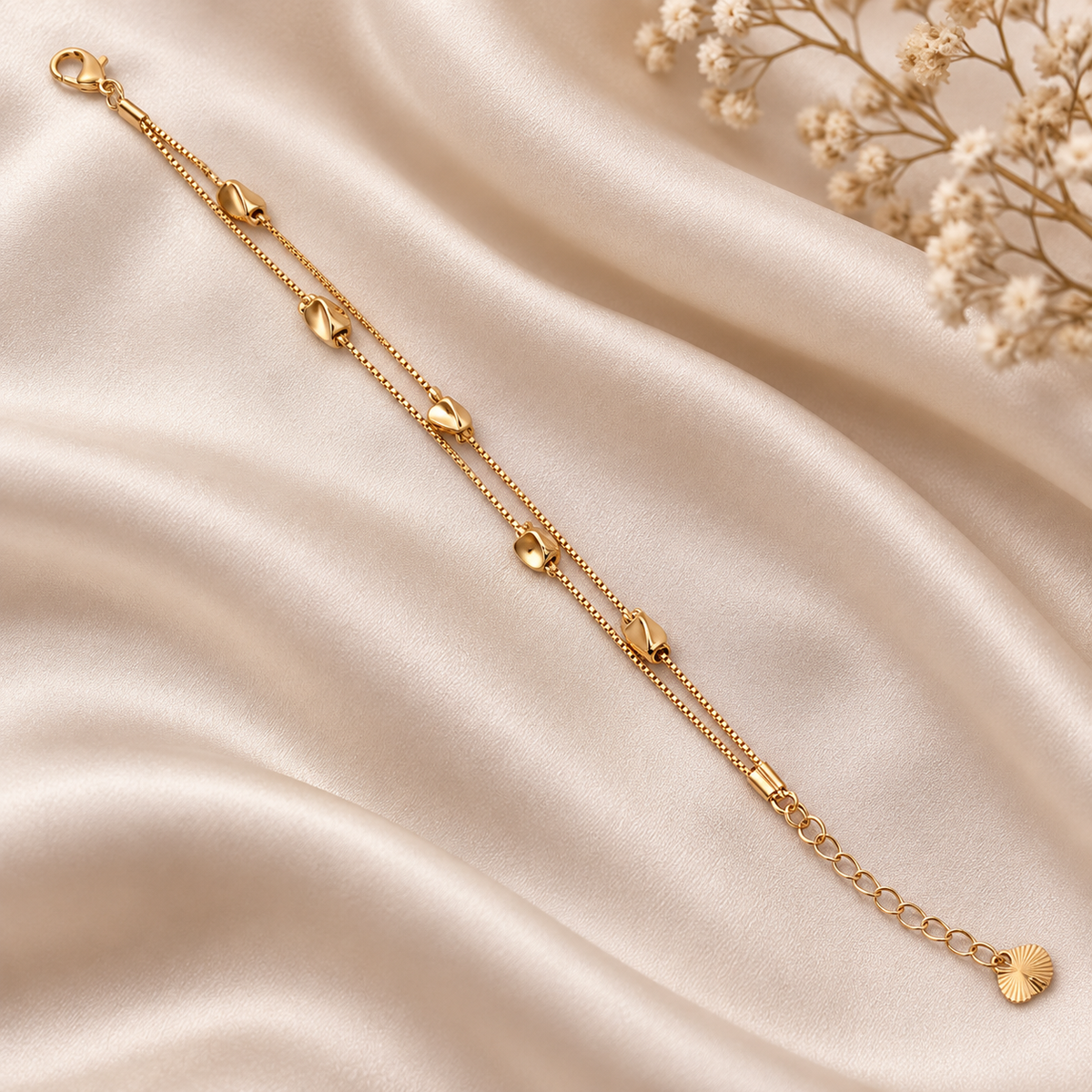 Polished nugget double-layer bracelet on ivory silk