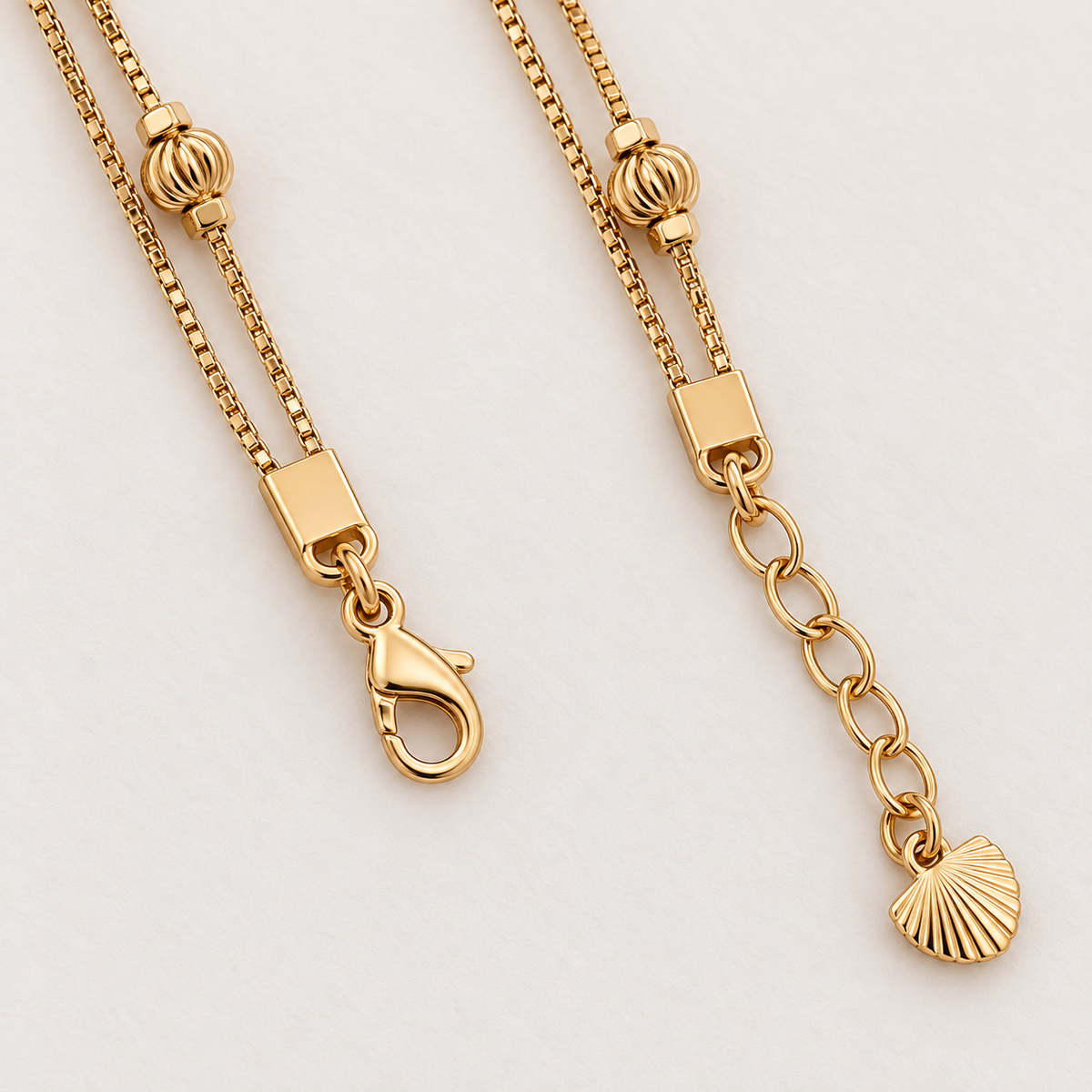 Golden Rosette Double-Chain Bracelet clasp and extender detail