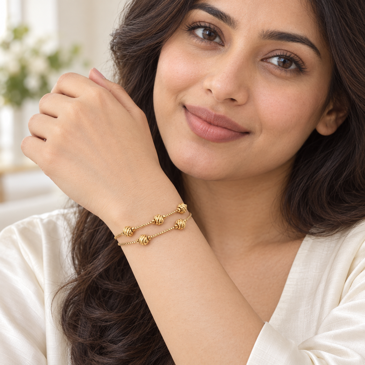Golden Rosette Double-Chain Bracelet daytime model view