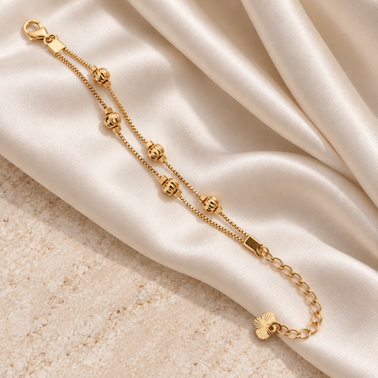 Golden Rosette Double-Chain Bracelet on ivory silk